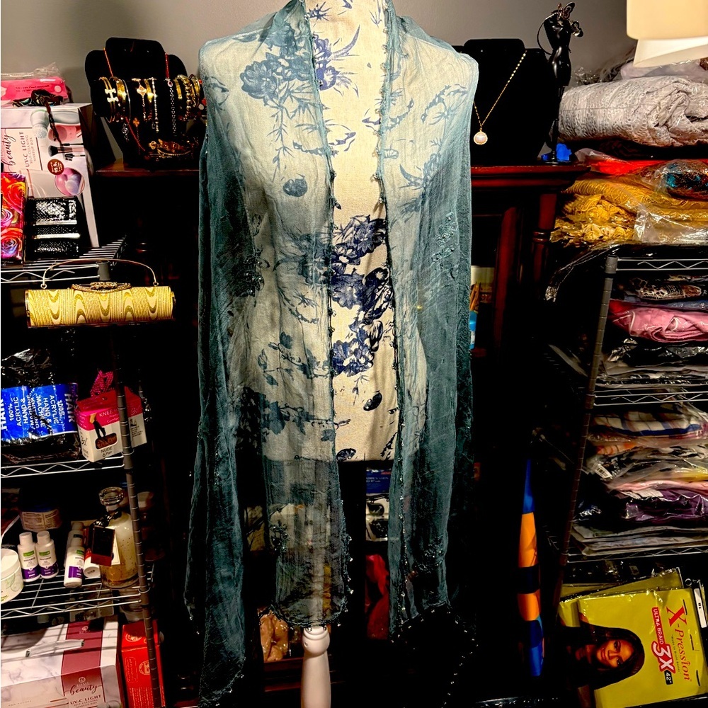 Beaded & Stoned Blue Scarf Wrap Bead Detailing Rhinestone